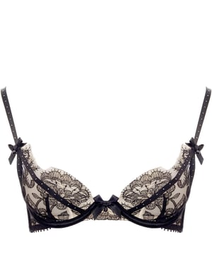 Shell: Base: 100% Polyamide Embroidery: 100% Polyester Lining: 100% Polyamide Dramatically plunging style
Stunning Austrian designed floral embroidery
Soft elastic strapping with Swarovski? Jet Hematite crystals
Retro bobble picot elastic
Silk-covered boning at side seam