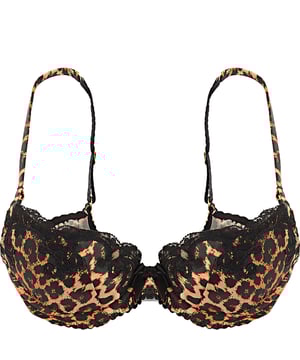 Shell: 89% Silk, 11% Elastane; Cup Lining: 100% Cotton; Side Panel Lining: 100% Polyester; Lace: 100% Polyamide. Balcony cut style
Padded cups
Black hand-cut Leavers lace lays over top of cups
Silk-satin adjustable straps with gold-toned sliders
Fastens at centre back with classic hook and eye clasp
Matching black satin bow sits between cups