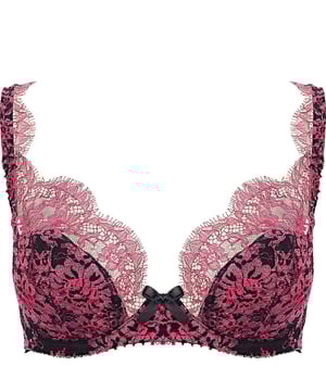 47% Polyamide, 28% Cotton &amp; 25% Viscose. Underwire
French Leavers lace
Satin-lined foam padded shells 
Sexy deep neckline
Swarovski jeweled bow between the cups
24-carat gold-plated finishes
Extendable, adjustable straps