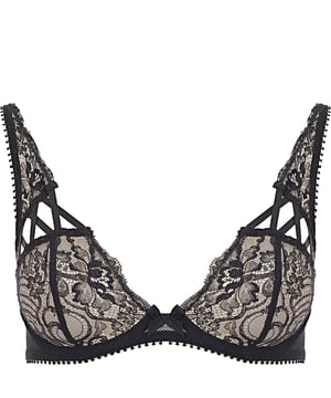 Cup Mesh: 100% Polyamide wing: 70% Polyamide 30% Elastane lace: 100% Polyamide High-apex design
Seductive criss-coss strapping detail over sheer tulle
Stretch Leavers lace with intricate floral design
Eyelash lace trim
Finished with a crepe bow sitting between the cups