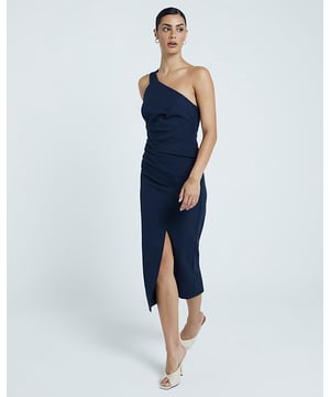 ​One shoulder design, Asymmetric neckline, Sleeveless, Split hem, Midi length