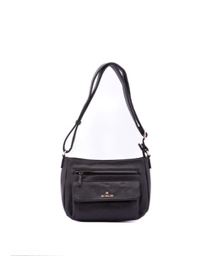 Bolso bandolera para mujer. El cierre es con cremallera. Los bolsillos internos son uno con cremallera y dos abiertos. Los bolsillos externos son uno frontal con cremallera y un bolsillo frontal. Falta la correa para el hombro. El asa es regulable en ecopiel. Hay un compartimento interno. El material exterior es ecopiel. Internamente está forrado en poliéster. Medidas: 28x20x13 cm. Producto de moda