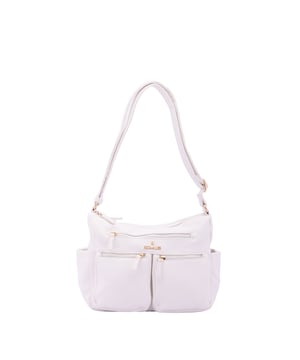 Bolso bandolera para mujer. El cierre es con cremallera. Los bolsillos internos son uno con cremallera y dos abiertos. Los bolsillos externos son tres delanteros con cremallera, dos laterales abiertos y uno trasero con cremallera. Falta la correa para el hombro. El asa es regulable en ecopiel. Hay dos compartimentos internos. El material exterior es ecopiel. Internamente está forrado en poliéster. Medidas: 30x21x12 cm. Producto de moda