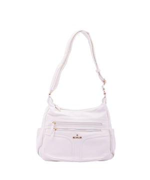 Bolso bandolera para mujer. El cierre es con cremallera. Los bolsillos internos son uno con cremallera y dos abiertos. Los bolsillos externos son dos frontales con cremallera, dos laterales con botón magnético y uno trasero con cremallera. Falta la correa para el hombro. El asa es regulable en ecopiel. Hay dos compartimentos internos. El material exterior es ecopiel. Internamente está forrado en poliéster. Medidas: 33x25x14 cm. Producto de moda