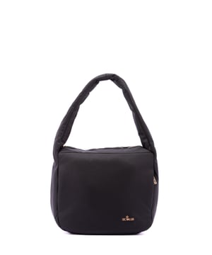 Bolso bandolera para mujer. El cierre es con cremallera. Los bolsillos internos son uno con cremallera y dos abiertos. Hay dos bolsillos externos con cremalleras a los lados. Falta la correa para el hombro. El asa es de tela. Hay un compartimento interno. El material exterior es tela. Internamente está forrado en poliéster. Medidas: 33x30x12 cm. Producto de moda
