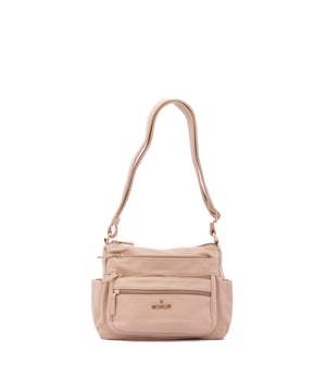 Bolso bandolera para mujer. El cierre es con cremallera. Los bolsillos internos son uno con cremallera y dos abiertos. Los bolsillos externos son tres delanteros con cremallera, dos laterales abiertos y uno trasero con cremallera. Falta la correa para el hombro. El asa es regulable en ecopiel. Hay dos compartimentos internos. El material exterior es ecopiel. Internamente está forrado en poliéster. Medidas: 27x20x14 cm. Producto de moda