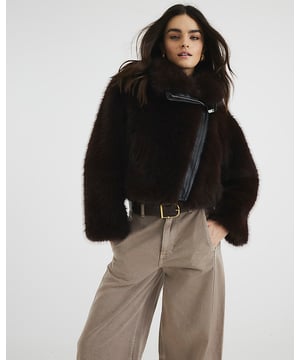 Faux leather fabric, Faux fur trim, Zipped, Long sleeved