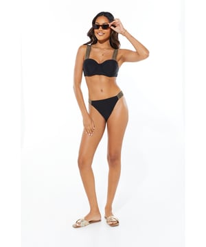 Striking metallic accents on straps and waistband
        Flattering high-cut leg design
        Comfortable mid-rise waist
        Sleek bandeau top with supportive underwire
        Versatile two-piece design for mix-and-match styling
    
    Make a splash this summer with our eye-catching metallic bikini bottom. The gleaming accents on the straps and waistband add a touch of glamour to your beach ensemble. Paired with its matching bandeau top, this set is perfect for soaking up the sun in style. The high-cut leg elongates your silhouette, while the mid-rise waist offers comfortable coverage. Whether you're lounging by the pool or taking a dip in the sea, this bikini bottom is designed to keep you looking fabulous. For a chic beach look, team it with oversized sunglasses and a wide-brimmed hat. As the sun sets, throw on a sheer kaftan and strappy sandals for effortless transition to beachside drinks. This versatile piece is a must-have for your holiday wardrobe, ensuring you shine bright on your summer getaway.