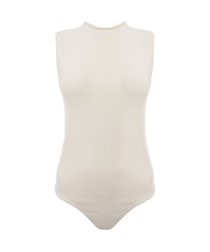 62% cotton, 37% polyamide, 1% elastane. Raey's bodysuit is knitted from cotton-blend boucle and shaped to a high neck, then turns to reveal a circular cutout.