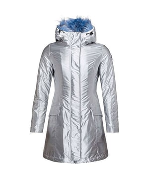 83%Polyamide 17%Polyurethane. This winter parka offers a futuristic look with woven fabric that's laminated to create a metallic silver effect. The coat offers breathable waterproof protection and is built with stretchy panels under the arms for easy movement. All of the faux fur trim is removable so you can adjust your look, and the tailored shape is inspired by performance ski styles