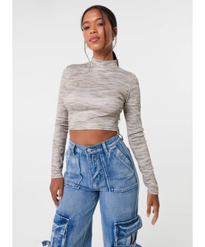 Add a twist to your basics with this Space Dye High Neck Long Sleeves Crop Top by Pink Vanilla.