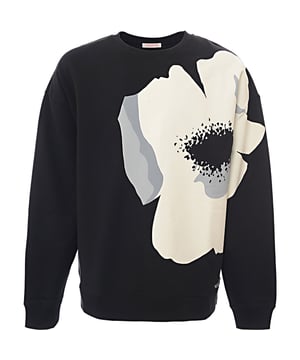 100% Cotton Black cotton floral print to the front, crew neck, drop shoulder, long sleeves and ribbed cuffs and hem