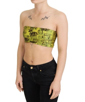 Brand: John Galliano
  Condition: New with tags
  Material: 80% Nylon 20% Elastane
  Color: Yellow with multicolor newspaper print
  Style: Cropped stretch top bra
  Made in Italy
  Logo details
  Gender: Women