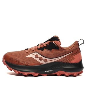 The Saucony Peregrine 14 GTX Women's Running Shoes are built for trail runners who demand performance, comfort, and protection in all conditions. Featuring a softer blend of PWRRUN cushioning, these shoes ensure plush landings on any surface, while the PWRRUN+ sockliner adds step-in comfort for long runs. The GORE-TEX Invisible Fit construction provides a breathable yet waterproof shield, keeping your feet dry without sacrificing flexibility. A versatile 5mm lug design delivers exceptional grip across varied terrain, complemented by the tacky PWRTRAC outsole for reliable traction on rugged trails. Whether you're tackling wet, muddy, or rocky paths, the Peregrine 14 GTX is ready for the challenge.

 - Textile / Synthetic upper
 - Lace closure
 - WRRUN cushioning
 - PWRRUN+ sockliner for enhanced comfort
 - Toe bumper for added protection
 - GORE-TEX Invisible Fit delivers waterproof protection
 - Rugged PWRTRAC outsole for optimal traction
 - Saucony branding throughout
