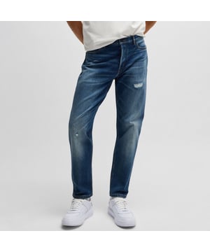 jeans in cotton mix fabric - classic must-have - tapered fit - tapered leg - regular rise - button & zip closure - side pockets - patch pockets on the back - cotton mix quality - wash denim with scrapping treatment - CIRCULAR - RESPONSIBLE - Main material: 94% cotton  5% recycled cotton  1% elastane - pocket lining: 65% polyester  35% cotton