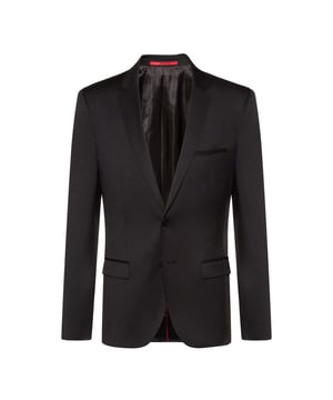 Men's Hugo Boss AlisterS Blazer Jacket. Beautiful diagonal woven blazer with AMF stitching along the lapel and pockets.- Natural Stretch.- Woven in Italy.- Notch lapels.- Fully lined.- Two button closure.- 2 inner pockets.- 1 closed inner pockets.- Flap pockets.- Welt chest pocket.- Three kissing buttons.- Side vent.
