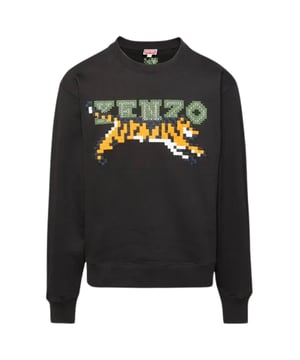 Kenzo zwart sweatshirt, 99% katoen, 1% elastaan, ronde hals, lange mouwen, grafisch logo op voor- en achterkant, elastische nek, mouwuiteinden en onderkant
