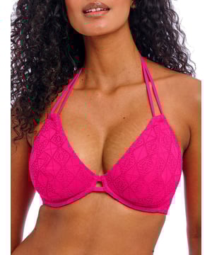 Freya Nomad Nights Halter Bikini Top. With a plunge neckline, crochet overlay and adjustable halter tie straps. This product is recommended as hand wash only.