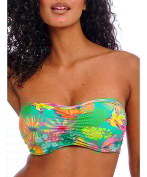Freya Isla Margarita Bandeau Bikini Top. Printed swimwear top with concealed underwired lined cups for shape and support, detachable multiway straps and a removable neck tie. This product is recommended as hand wash only.