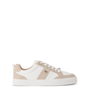 The KG Kurt Geiger Lindsey is a lace up sneaker crafted in taupe and white. There are gold tone branding details seen across the upper.