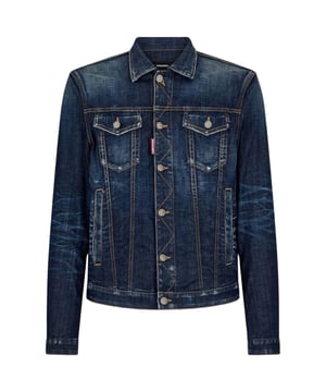 D2-spijkerjack, knoopsluiting, gemaakt in Italië, 98% katoen, 2% elastaan, donker denim, marineblauw spijkerjack, knoopsluiting, zakken met knoopsluiting op de borst, 2 open zakken in de taille, blauwe spijkerjas