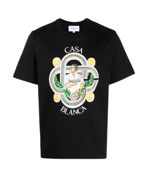 Kurzärmliges schwarzes T-Shirt, Design „Casablanca Le Joueur“, Tennis-Thema, T-Shirt mit Rundhalsausschnitt, normale Passform, passt größengetreu, 100 % Baumwolle, schwarzes T-Shirt, Freizeitkleidung