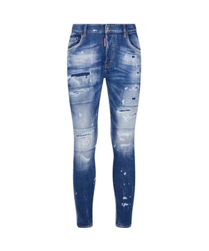 Estilo vaquero súper twinky, mezclilla elástica 93 % algodón, 4 % poliéster, 3 % elastano, bragueta de botones, corte ceñido con pierna cónica, diseño rasgado, detalle de salpicaduras de pintura, mezclilla reforzada desgastada, jeans azules