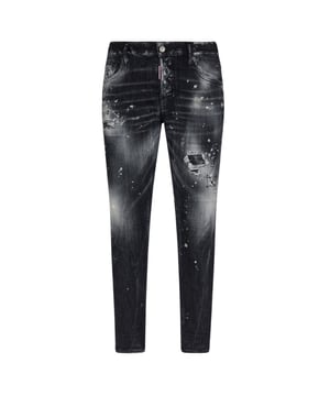 Skater Jean, Button Closure, Made In Italy, 92% Cotton, 8% Elastane, Dark Denim, Black Denim,  Slim Fit With A Tapered Leg, Paint Splatter Design, Skater jeans in a Black Wash
