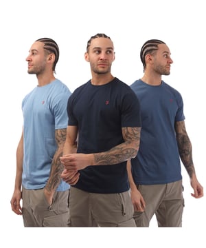 Heren Farah Labo 3 Pack T-shirt in blauw.- Geribde hals.- Korte mouwen.- Rubberen logo.- Rechte zoom.- 100% Katoen.- Ref: FR2A131890