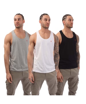 Heren Farah Riago 3- Pack Vest met Logo Chest Print in zwart grijs wit.- Geribde hals en mouwboorden.- Mouwloos.- Bedrukte merkopdruk.- Rechte zoom.- 100% Katoen.- Ref: FR2A131197