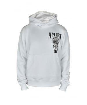 Witte Amiri Crystal Ball-hoodie.Zwarte print met logo en kristallen bol op de voorkant.Dezelfde print in groot formaat op de achterkant.Kangoeroezak.Geribde randen.Made in Italy.