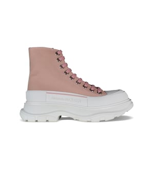 Sneakers altas Alexander McQueen Tread Slick.Lona rosa.Puntera redonda con inserción de goma.Logotipo en el talón y la lengüeta.Cierre con cordones planos de color rosa.Suela de goma blanca sobredimensionada con la firma.Made in Italy.
