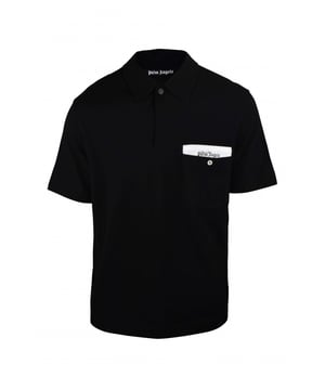 Polo Palm Angels negro.Bolsillo de parche con botón en el pecho.Parche del logotipo en el bolsillo en blanco.Mangas cortas.Cuello con botones.100% algodón.Made in Italy.
