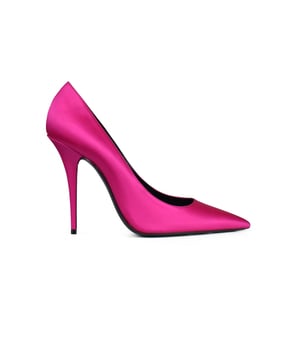 Marilyn Saint Laurent Pumps.Aus rosafarbenem Satinleder.Spitze Spitze an der Spitze.8,5 cm hoher Pfennigabsatz.Sohle aus schwarzem Leder.Made in Italy.