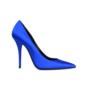 Marilyn Saint Laurent Pumps.Aus blauem Satinleder.Spitze Spitze an der Spitze.8,5 cm hoher Pfennigabsatz.Sohle aus schwarzem Leder.Made in Italy.