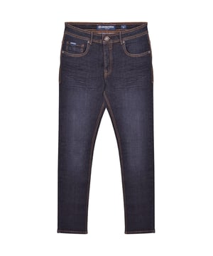 70% Cotton, 30% Polyester. Fabric: Denim Look. Design: Plain. Pockets: 2 Side Pockets, 2 Back Pockets, 1 Coin Pocket. Fastening: Button, Zip Fly. Belt Loops, Leather Detailing. Fit: Slim.
