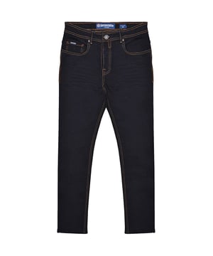 70% Cotton, 30% Polyester. Fabric: Denim Look. Design: Plain. Pockets: 2 Side Pockets, 2 Back Pockets, 1 Coin Pocket. Fastening: Button, Zip Fly. Belt Loops, Leather Detailing. Fit: Slim.