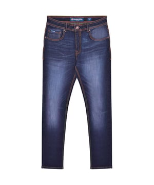 70% Cotton, 30% Polyester. Fabric: Denim Look. Design: Plain. Pockets: 2 Side Pockets, 2 Back Pockets, 1 Coin Pocket. Fastening: Button, Zip Fly. Belt Loops, Leather Detailing. Fit: Slim.
