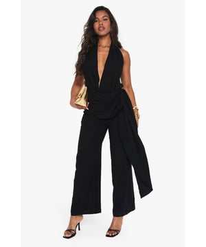 Linen Look Drape Cowl Wrap Jumpsuit