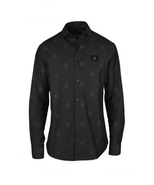 Philipp Plein grijs katoenen gestreept overhemd.Overal oranje schedelprints.Zwart leren patch op de borst met zilveren metalen schedel.Zwarte parelmoeren knopen.100% katoen.Gemaakt in Italië.