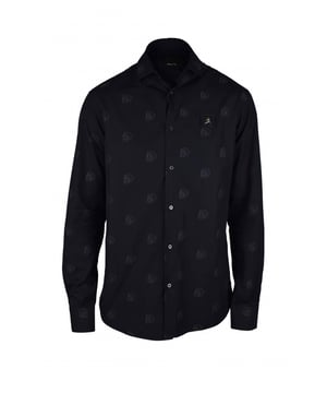 Camisa de algodón a rayas negras de Philipp Plein.Estampados de calaveras grises por toda la prenda.Parche de piel negra en el pecho con calavera de metal plateado.Botones de nácar negro.100% algodón.Made in Italy.