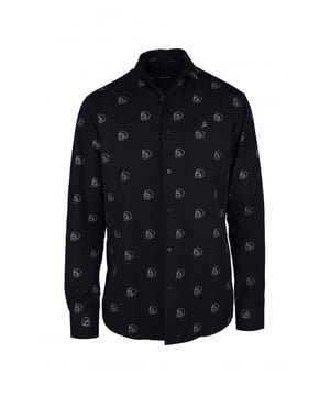 Zwart gestreept katoenen overhemd van Philipp Plein.Overal witte schedelprints.Zwart leren patch op de borst met zilveren metalen doodshoofd.Zwarte parelmoeren knopen.100% katoen.Gemaakt in Italië.