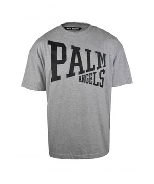 Graues Baumwoll-T-Shirt mit Vintage-Effekt von Palm Angels.Krakeliertes schwarzes Logo auf der Vorderseite gedruckt.Mit kurzen Ärmeln.Rundhalsausschnitt.Made in Italy.