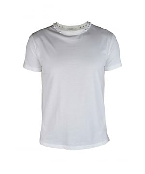 Valentino T-Shirt aus weißer Baumwolle.Ton-in-Ton Rocaille-Knöpfe, die in den Kragen im  Rockstud -Stil eingefügt sind.Kurze Ärmel.Einfarbig weißer Rücken.Rundhalsausschnitt.100% Baumwolle.Made in Italy.