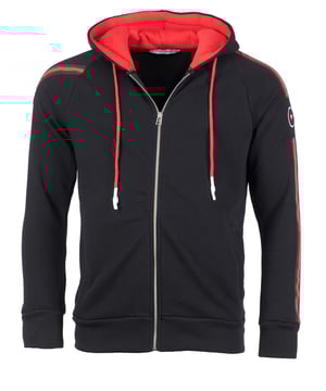 Diese Sweatjacke hat elegante rot/schwarze Stripes auf beiden Ärmeln. Der elastische Strick am Ärmelabschluss und am Bund sorgen für eine ideale Passform. Der Hoodie besitzt eine weiche Kapuze mit Kordelzug.