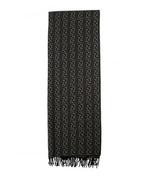 Bufanda de lana negra de Fendi.Lateral personalizado con estampado FF beige y negro.Efecto 3D.El otro lado es negro liso.Made in Italy.