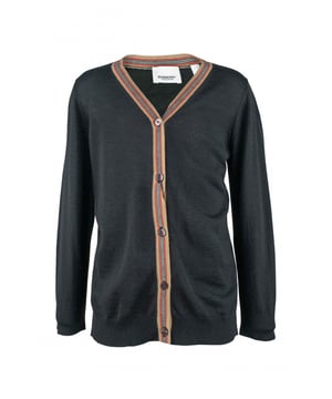 Cárdigan negro de algodón Burberry.Ribete de rayas de la firma Burberry.Cierre con botones.Mangas largas.Made in Italy.