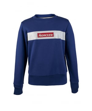 Blauw sweatshirt van Moncler-katoen.Witte horizontale streep in het midden met logo in een rood kader.Ronde hals.Geribbelde randen.Lange mouwen.Gemaakt in Italië.
