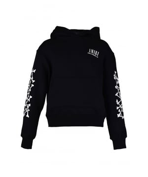 Amiri sweatshirt met capuchon van zwart katoen.Wit logo gedrukt op de borst.Witte botafdrukken langs de mouwen.Geribbelde randen.Kangoeroezak.Gemaakt in Italië.