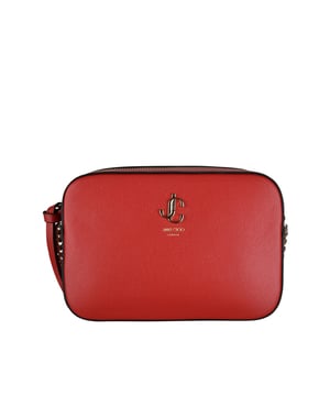 Jimmy Choo Umhängetasche aus rotem Leder.Ikonisches JC-Logo.Schulterriemen aus Kette und Leder.Verschluss mit Reißverschluss.Abmessungen 6x13x18,5.Made in Italy.